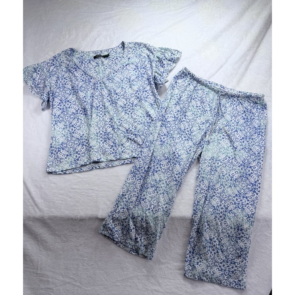 Lauren Ralph Lauren Women's Blue White Print Two Piece Knit Capri Pajama Set Med